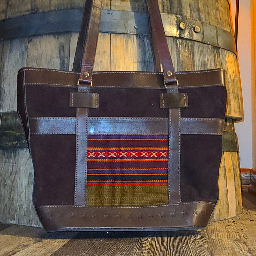 Vintage Bolivian Tooled Leather Tapestry Bag